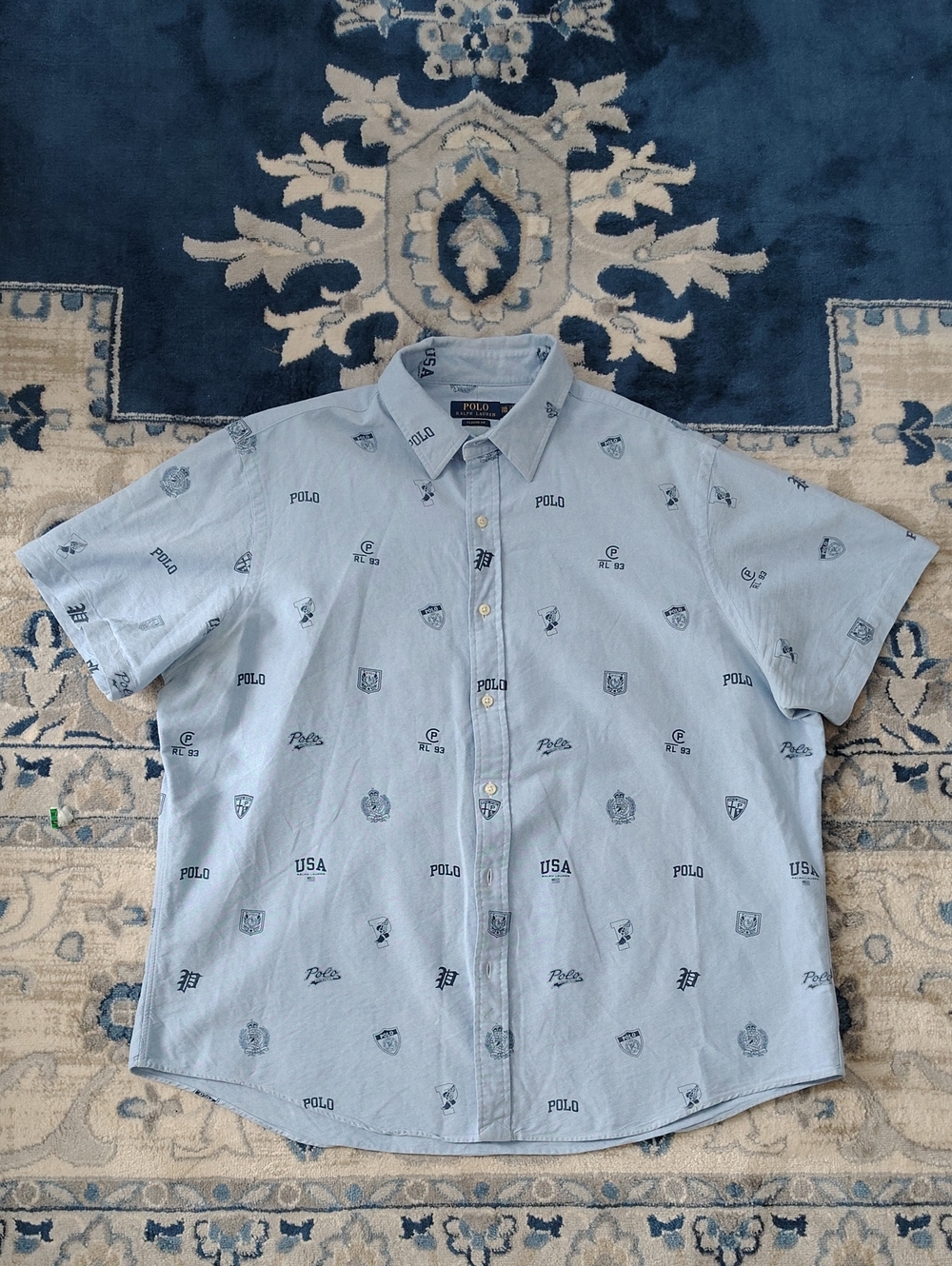 Polo by Ralph Lauren Light Blue Short-Sleeve Button-Down with Logo Motifs